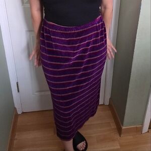 Vintage Purple Rainbow Striped Velour Midi Skirt Retro Hippie Indie Size Medium